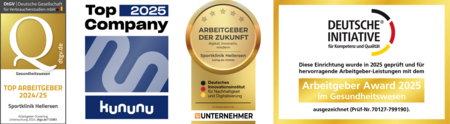 Drei Siegel auf einem Bild, Top Arbeitgeber 2024/25 Sportklinik Hellersen Deutsche Gesellschaft für Verbraucherstudien mbH, Top Company 2025 Kununu, Arbeitgeber der Zukunft Sportklinik Hellersen Deutsches Innovationsinstitut für Nachhaltigkeit und Digitalisierung