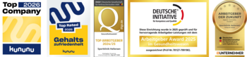 Drei Siegel auf einem Bild, Top Arbeitgeber 2024/25 Sportklinik Hellersen Deutsche Gesellschaft für Verbraucherstudien mbH, Top Company 2025 Kununu, Arbeitgeber der Zukunft Sportklinik Hellersen Deutsches Innovationsinstitut für Nachhaltigkeit und Digitalisierung