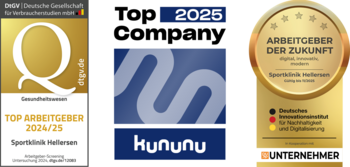 Drei Siegel auf einem Bild, Top Arbeitgeber 2024/25 Sportklinik Hellersen Deutsche Gesellschaft für Verbraucherstudien mbH, Top Company 2025 Kununu, Arbeitgeber der Zukunft Sportklinik Hellersen Deutsches Innovationsinstitut für Nachhaltigkeit und Digitalisierung